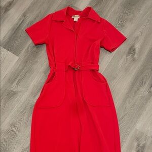 Red Short-Sleeve Wide Leg Belted Jumpsuit
